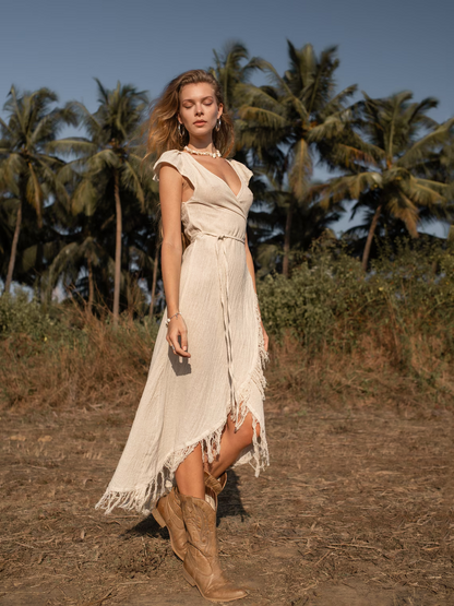 Wrap-style asymmetrical dress/Bohemian goddess dress/Bohemian fringed dress/Off-white summer dress