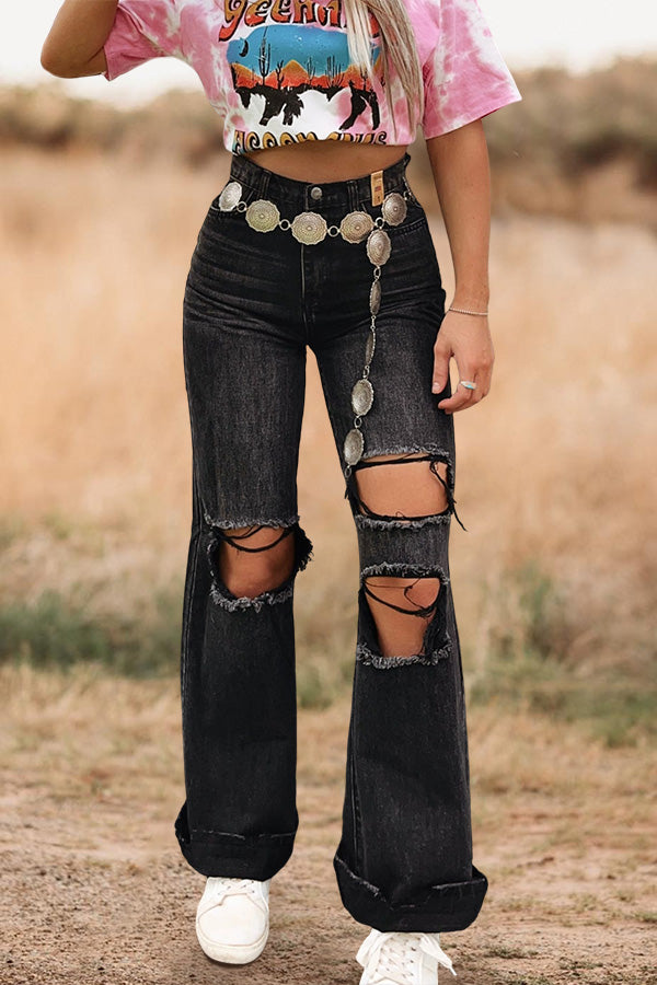 Vintage Wash Ripped Wide-Leg Jeans