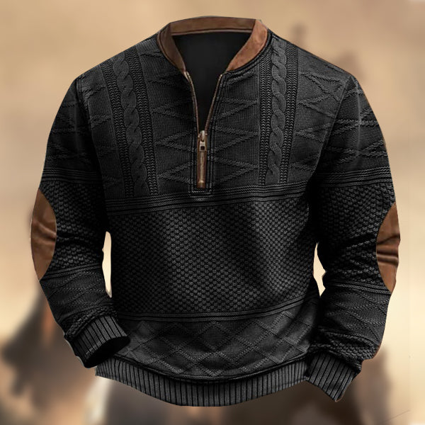 Men's Vintage Country Western Knitted Print Zipper Stand Collar Casual Sweatshirt