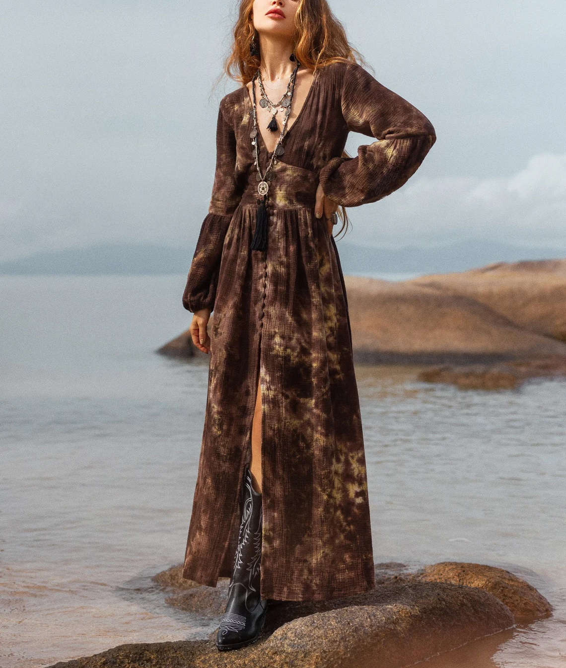 Tie Dye Brown Organic Cotton Dress • Long Sleeve Dress • Boho Maxi Dress • Goddess Boho Dress • Pastoral Dress