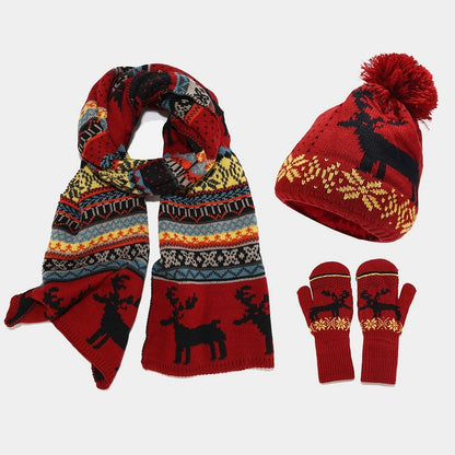 Unisex Christmas Hat, Scarf, Gloves, Warm Knitted Suit