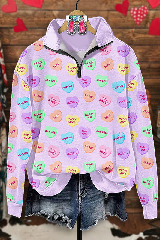 Beautiful Heart Print Zipper Sweatshirt