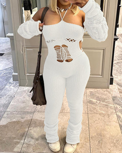 Sexy Strappy Halterneck Knitted Long-Sleeved Slim Fit Jumpsuit