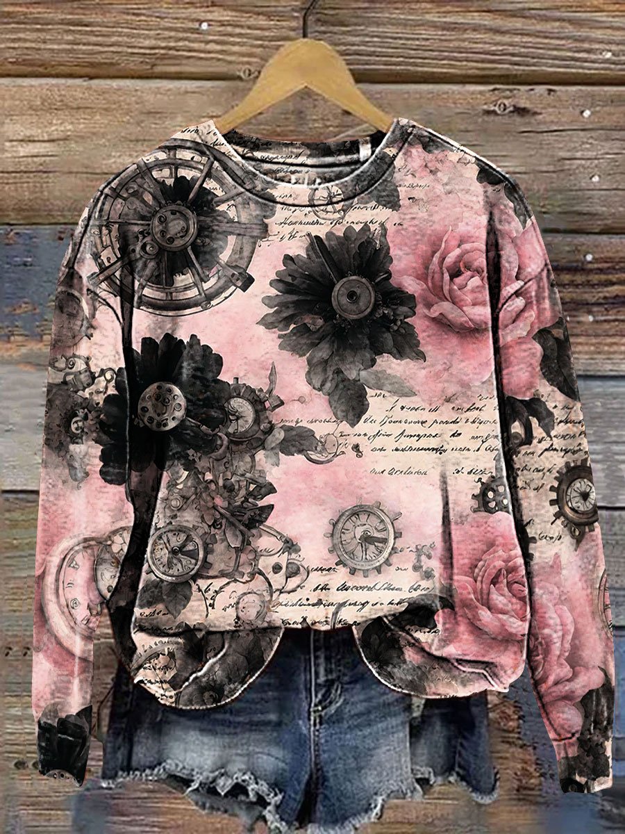 Vintage Floral Steampunk Art Print Casual Sweatshirt