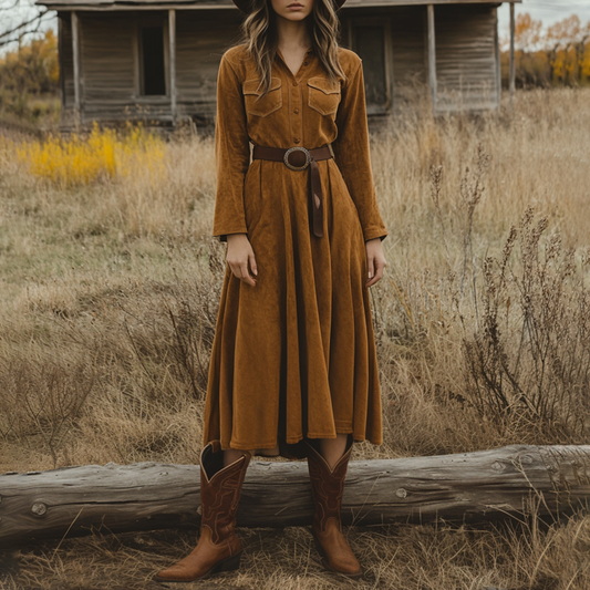 Ladies Vintage Western Style Pastoral Shirt Collar Pocket Rustic Boho Saddle Brown Chamois Dress