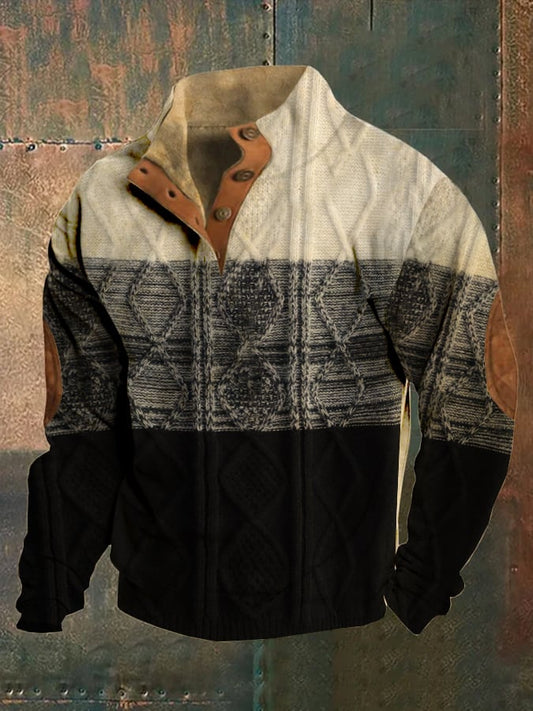 Men's Western Color Block Art Print Stand Collar Button Sweatshirt