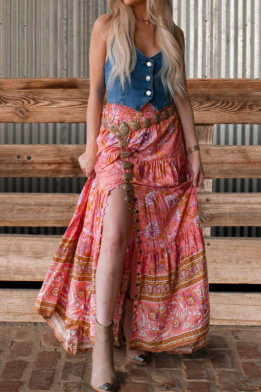 Pretty Floral Print Slit Skirt