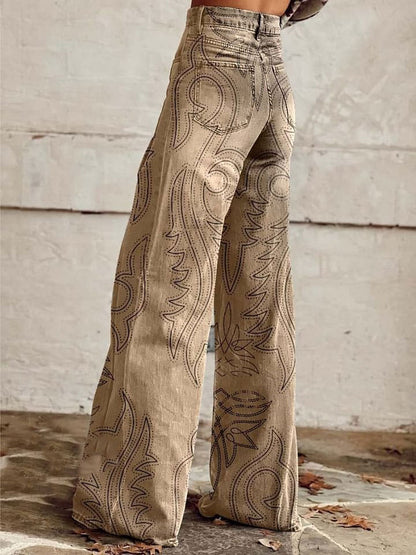 Women's Retro Rodeo Western Print Casual Wide Leg Pants