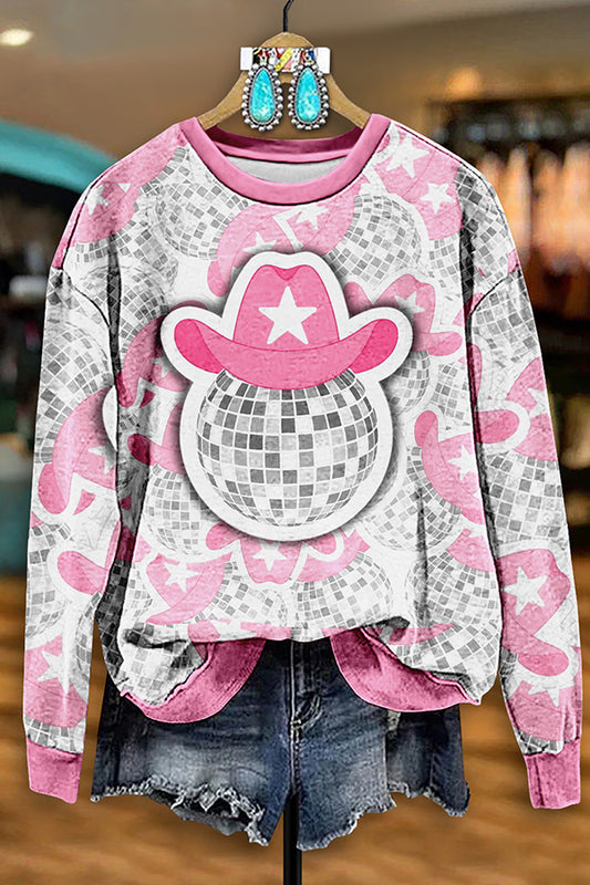 Retro Western Disco Ball Print Sweatshirt