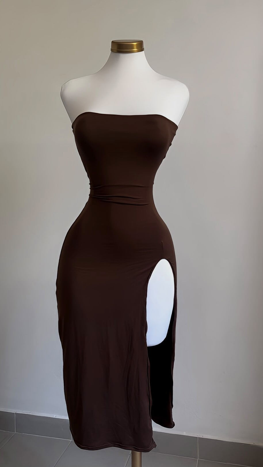 Brown Coffee Strapless Slit Satin Dress