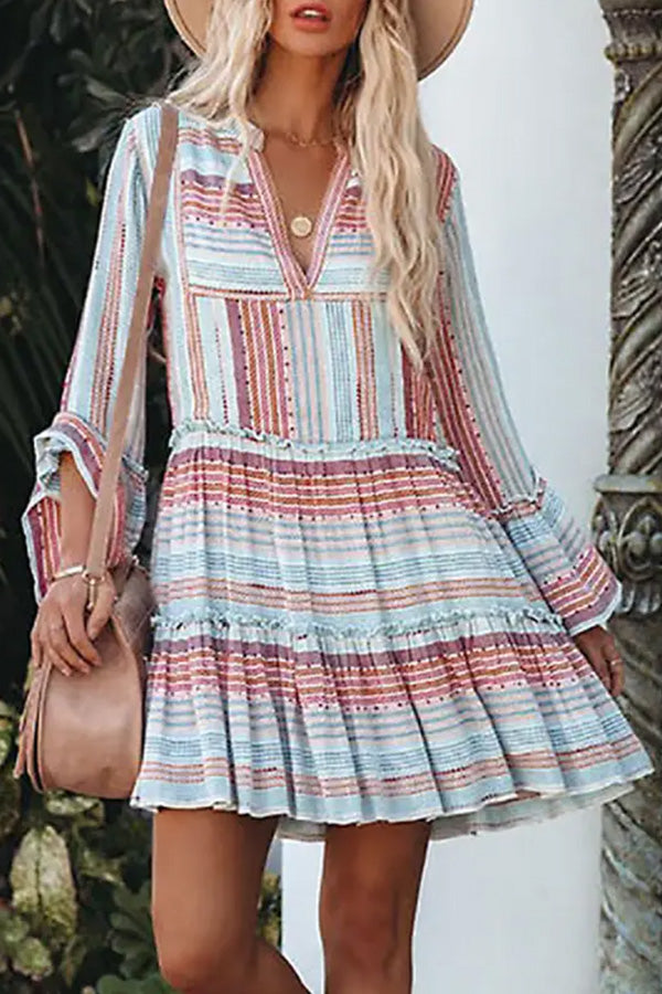 V-Neck Casual Loose Retro Print Short-Sleeved Short Dress