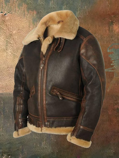 Men's Vintage Casual Lapel Zipper Faux Fur Leather Jacket