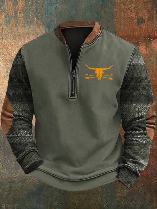 Men's Vintage Western Knit Print Zip-Neck Sweatshirt