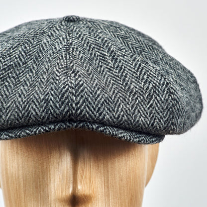 PEAKED CAPS Genuine Scottish Harris Tweed 8 Panels Man Cap GRAY-BLACK