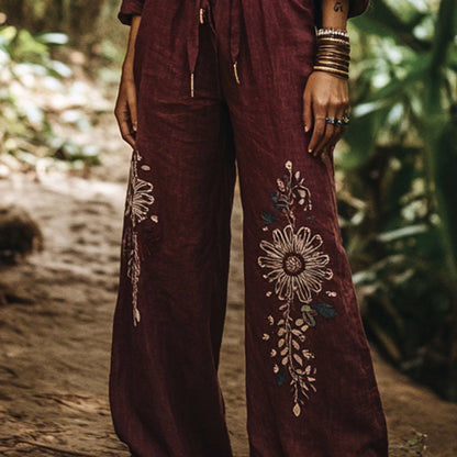 Bohemian Holiday Style Retro Linen Floral Ethnic Totem Print Casual Pants