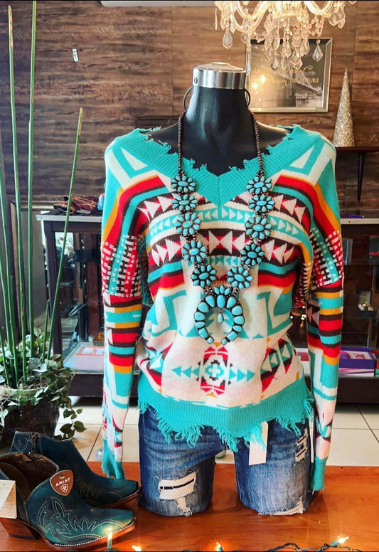 Special fringe hem Aztec print sweatshirt