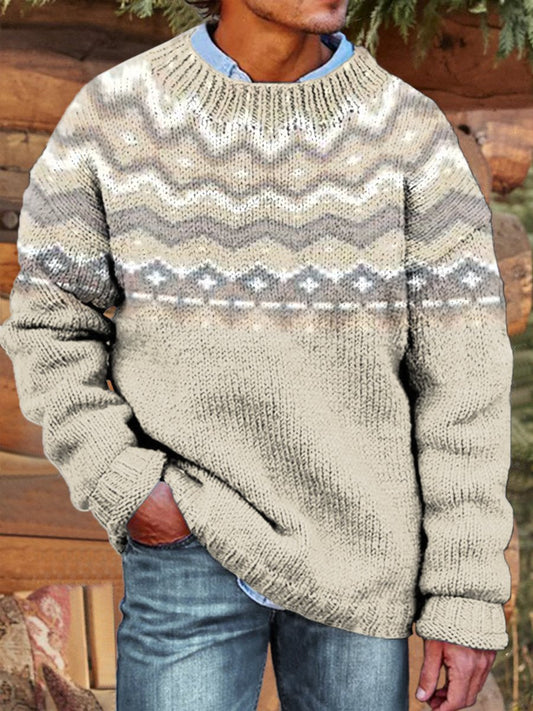 Beige Vintage Aztec Print Knit Pullover Sweater