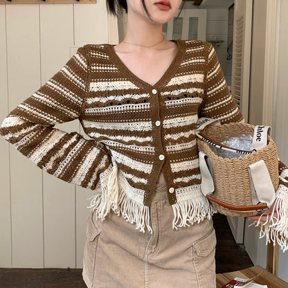 Spliced tassel Knitted Cardigan For Women, Autumn Contrast Stripes, Slimming, Hollow Short Long Sleeve Tops