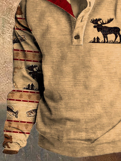 Men's Fleece Vintage Hunting Deer Stand Collar Sweatshirt