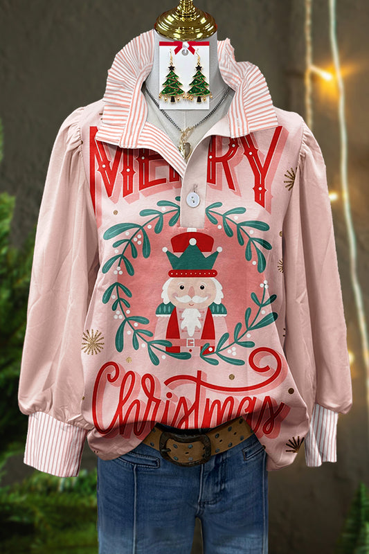 Merry Christmas Nutcracker Print Striped Blouse