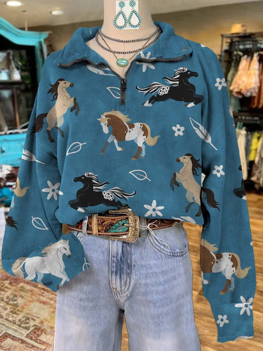 Horse Print Casual Long Sleeve Zip Sweatshirt