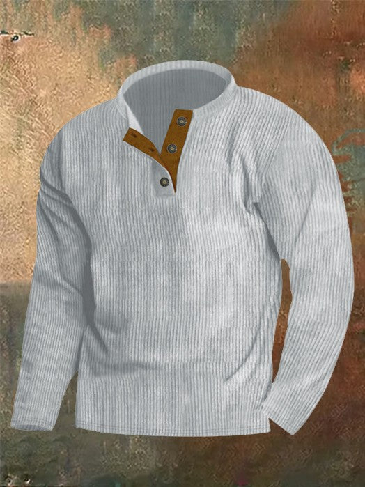 Solid Corduroy Stitching Button Up Round Neck Sweatshirt