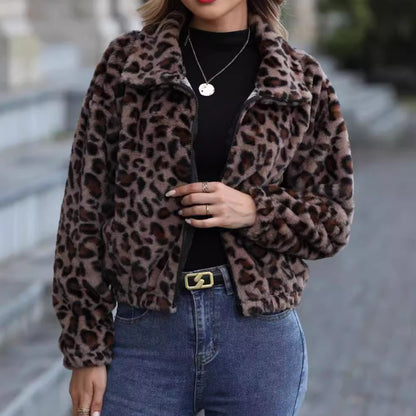 Women's Loose Zipper Long Sleeve Leopard Print Plush Jacket