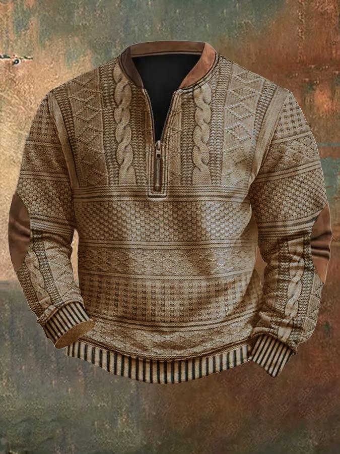 Men's Vintage Knit Print Zip-Up Sweatshirt