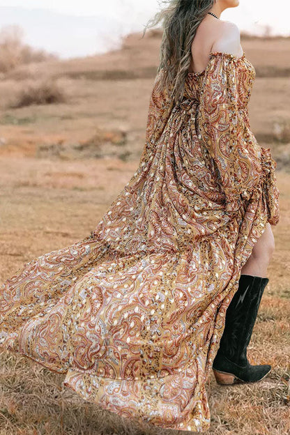 Off Shoulder Paisley Print Slit Dress