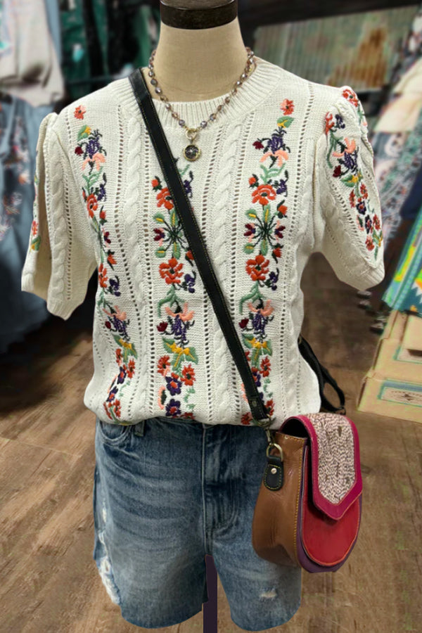 Floral Embroidered Puff Sleeve Knit Top