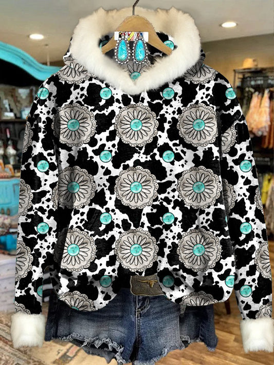 Black Vintage Cow Turquoise Print Imitation Rabbit Fur Trim Casual Hoodie Sweatshirt