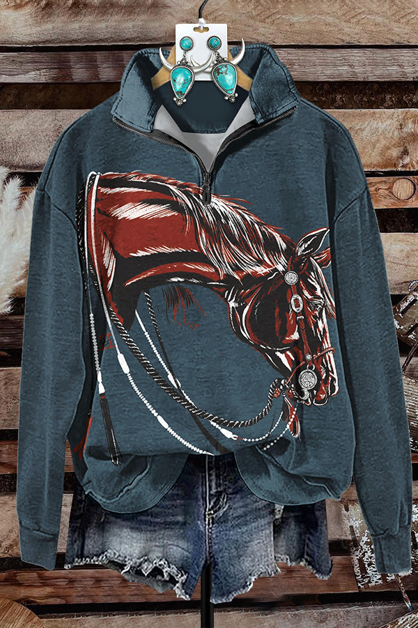 Retro Horse Print Zipper Sweatshirt