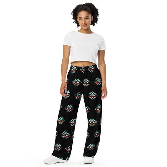 Turquoise Taupe Aztec Unisex Wide Leg Pants