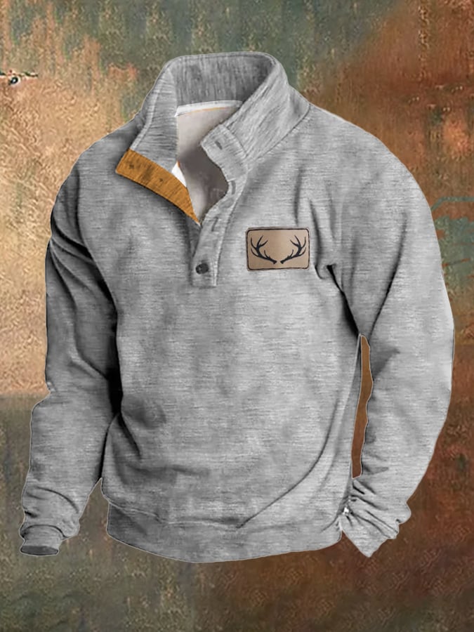 Men's Fleece Vintage Western Antler Hunting Enthusiast Stand Collar Sweatshirt