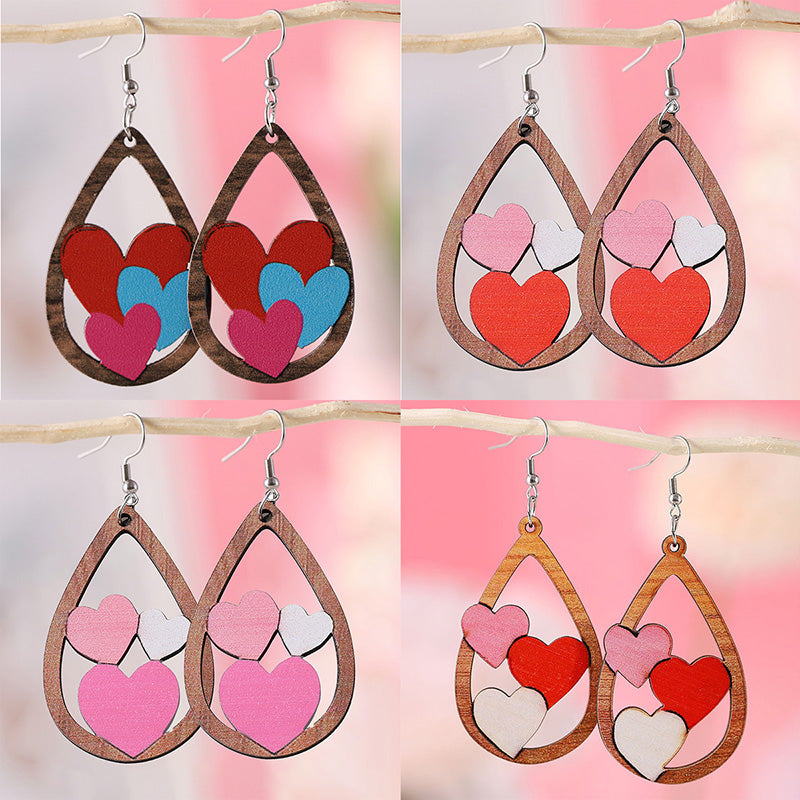 Valentine's Day Heart Patchwork Wooden Drop Earrings