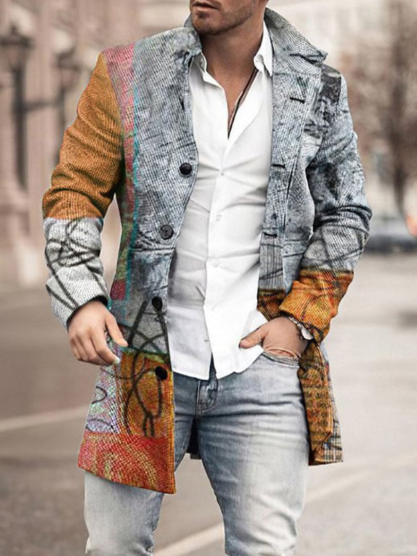 Men's Retro Buttoned Stand Collar Printed Woolen Jacket