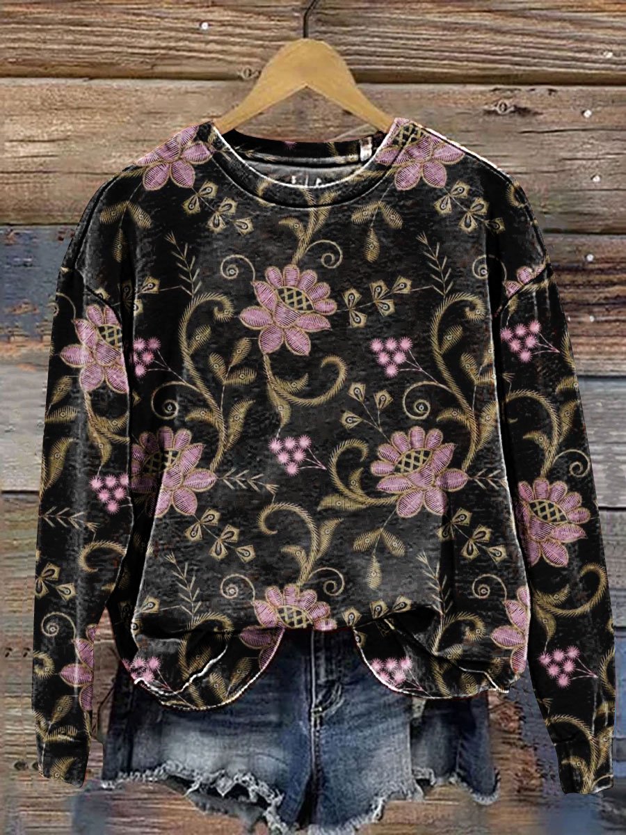 Vintage Floral Art Print Casual Sweatshirt