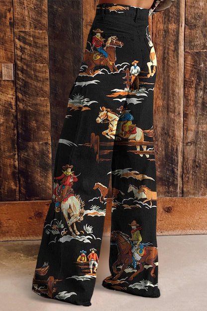 Vintage Western Print Flared Trousers