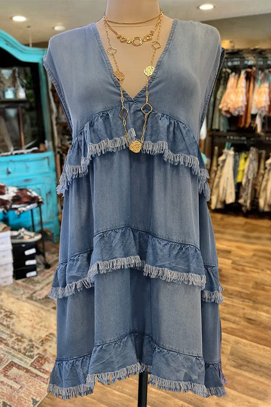 Ruffle Fringed Layered Denim Dress