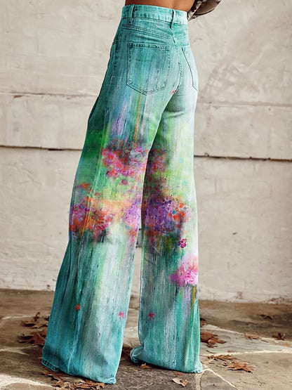 Women's Vintage Oil Painting Floral Wide Leg Pants