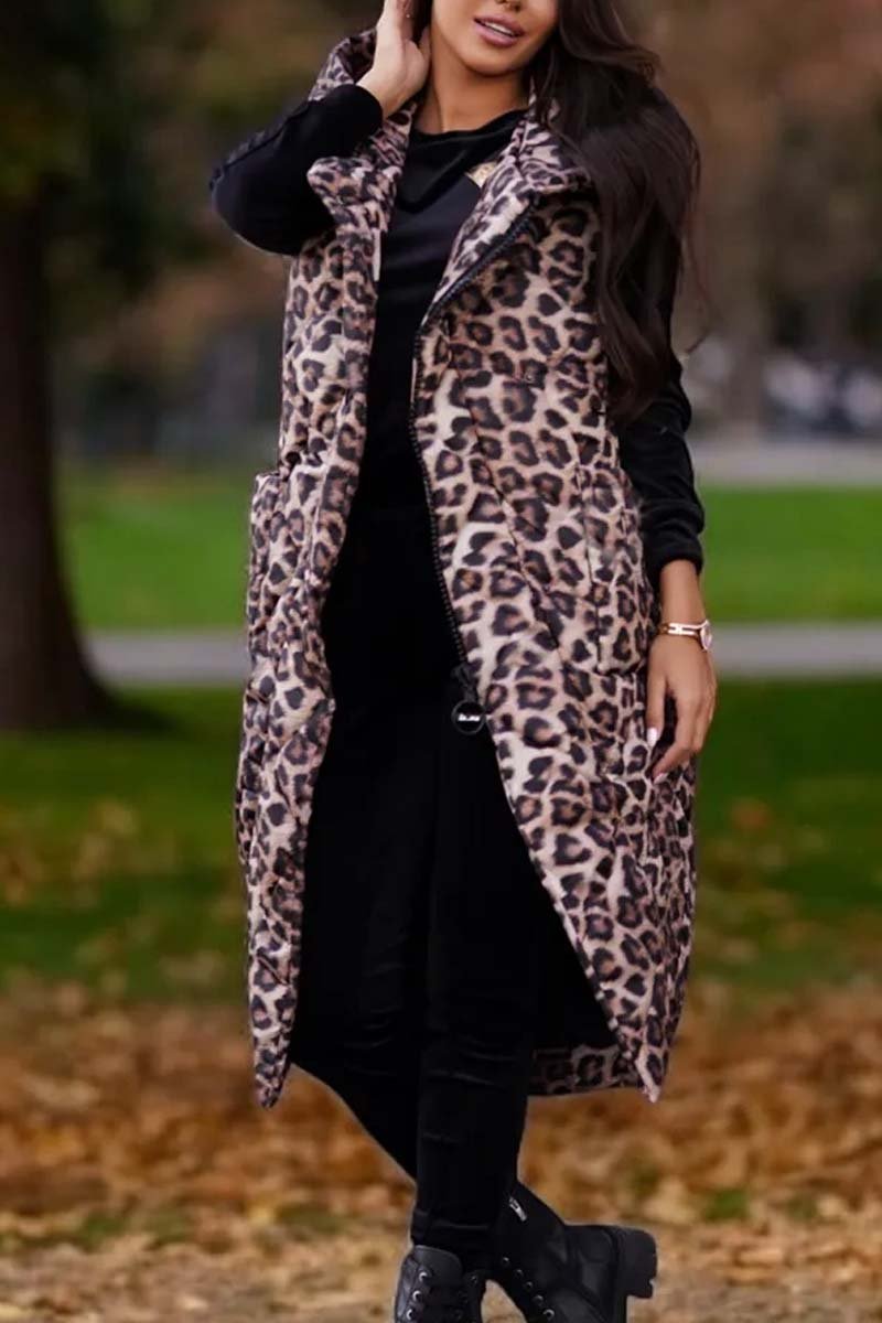 Women's Fashion Hooded Animal Print Mid-Length Sleeveless Cotton Coat