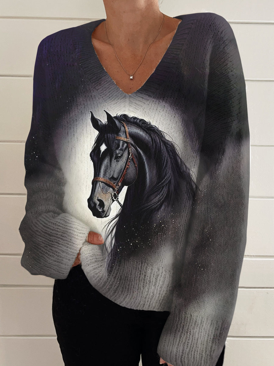 Horse Art Print V-Neck Sweater