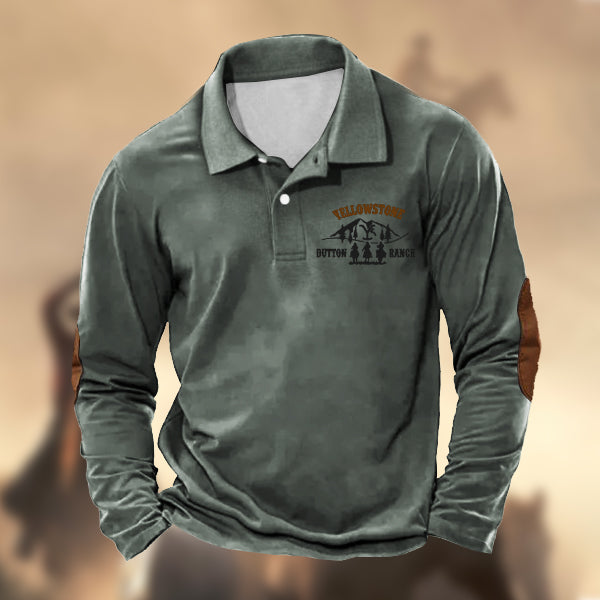 Men's Vintage Yellowstone Print Lapel Long Sleeve Polo Shirt