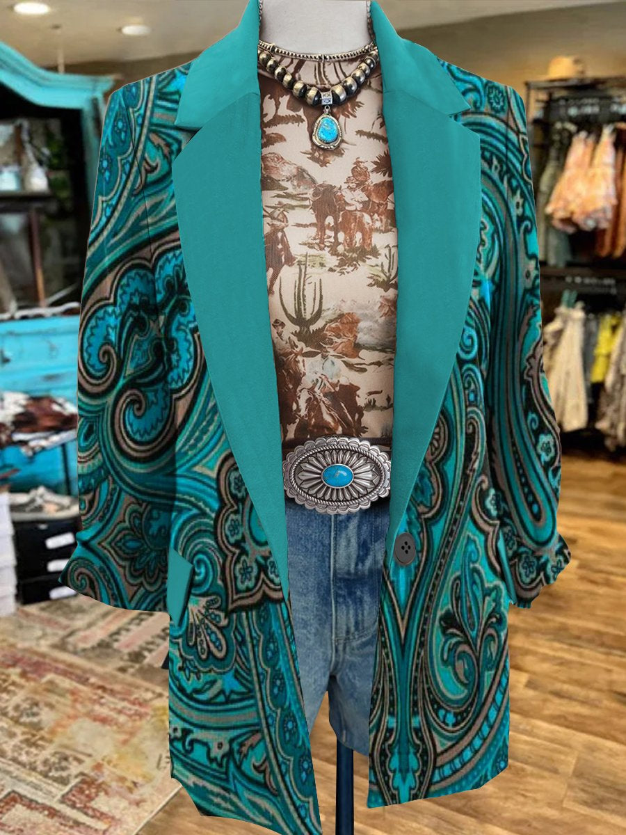 Women's Turquoise Vintage Cashew Flower Print 3/4 Sleeve Casual Blazer