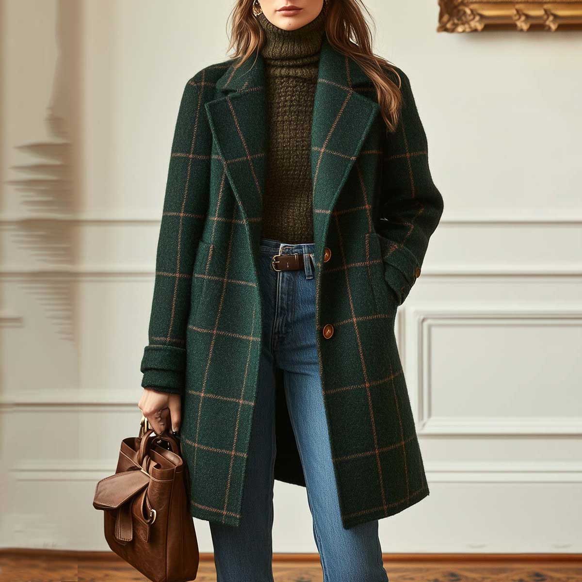 Women's Vintage Wool Plaid Mid-Length Lapel Jacket Coat