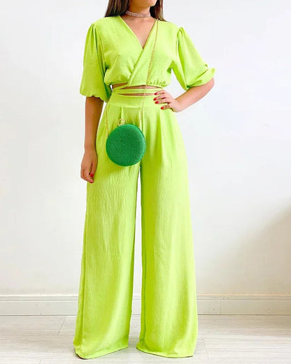 V-Neck Short-Sleeved Wide-Leg Pants Suit