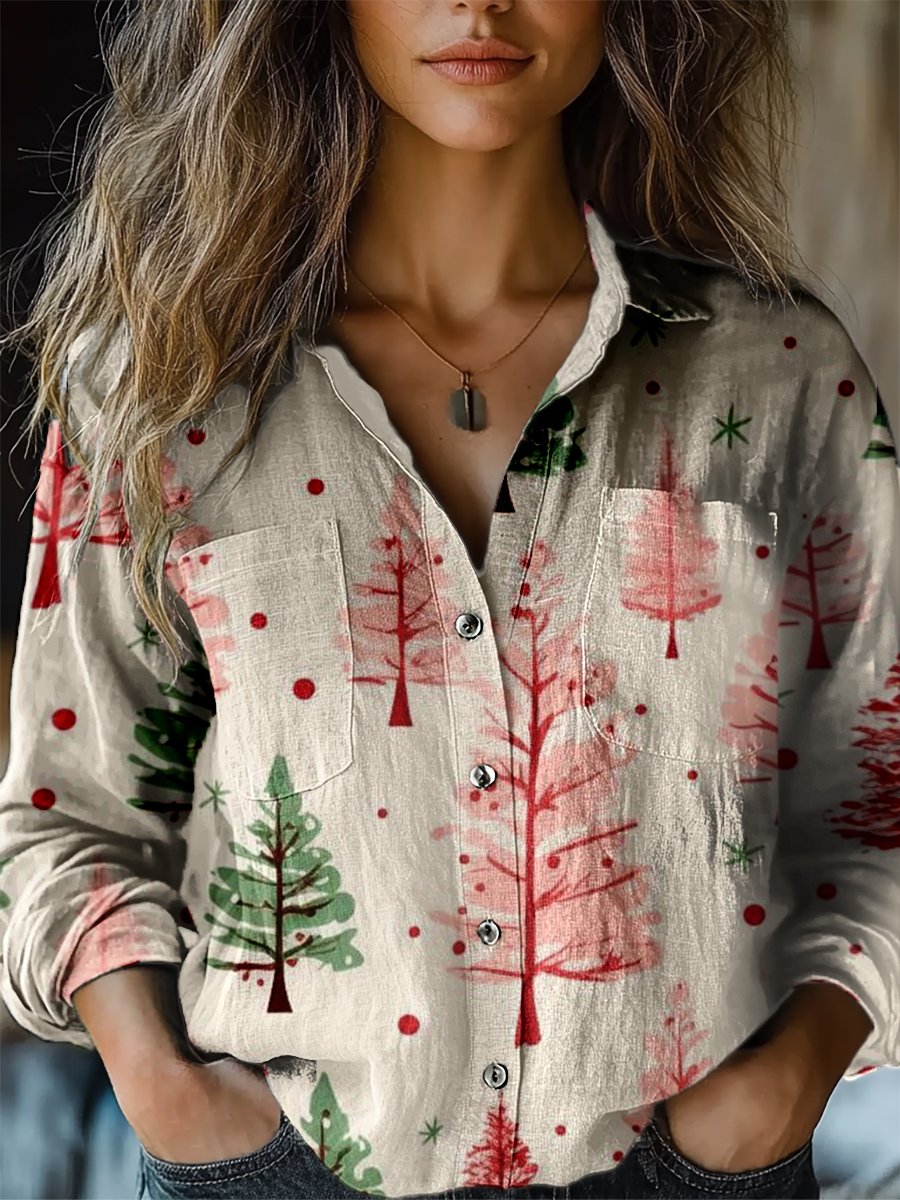 Women's Vintage Art Christmas Tree Print Casual Long Sleeve Comfortable Cotton Shirt