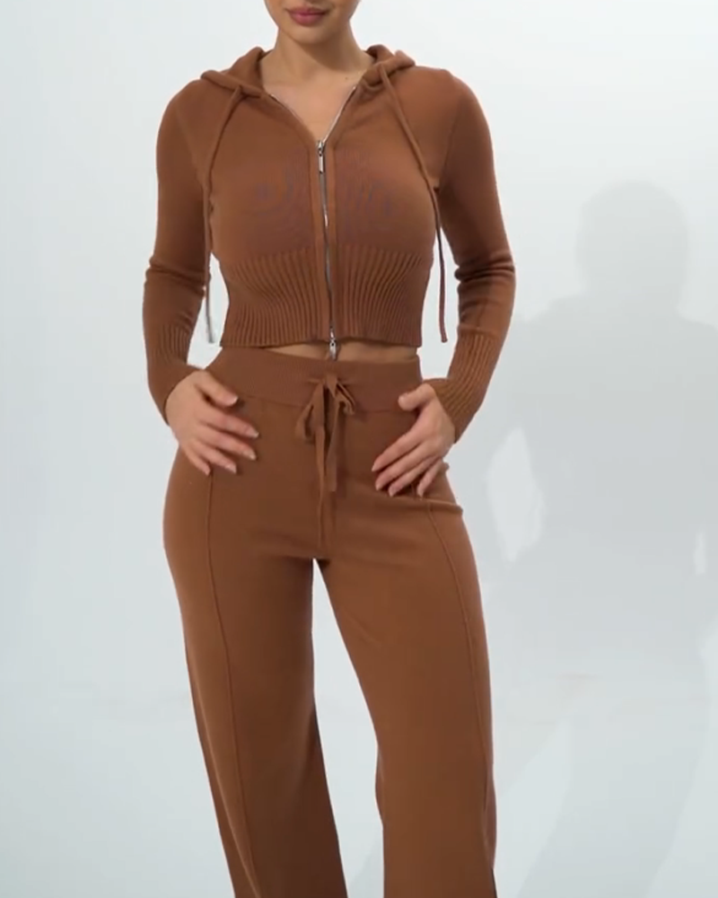 Knit Hooded High Waist Long Sleeved Trousers Suit (Pre-Sale)