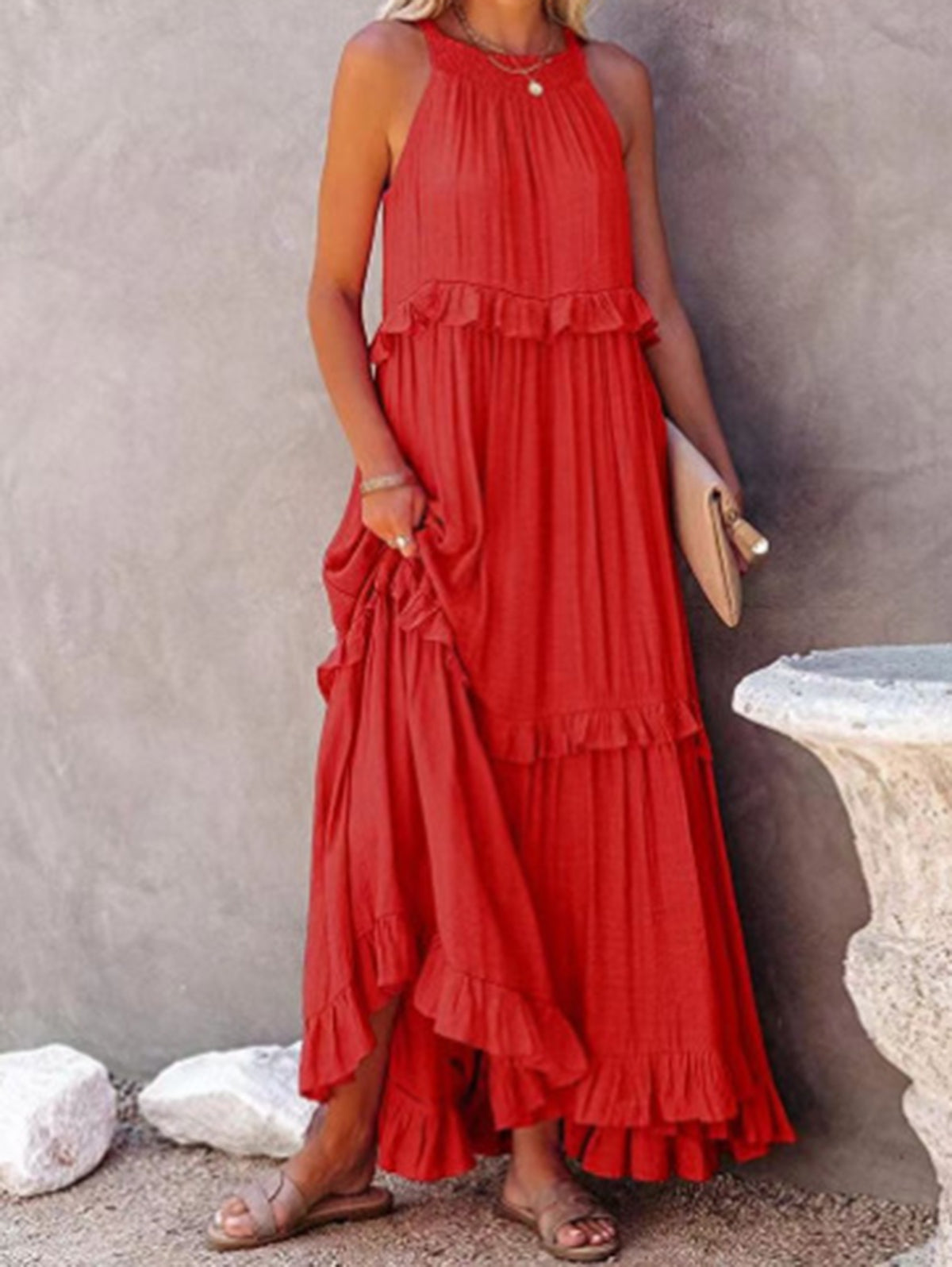 Casual Plain Ruffle Trim Smocking Sleeveless Maxi Dress