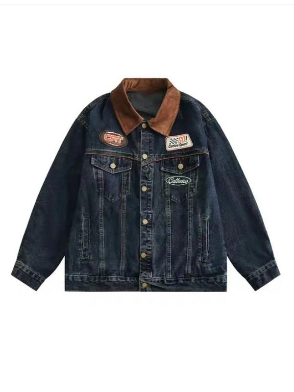 New American Retro All-match Denim Jacket For Autumn And Winter, Men And Women Motorcycle Trend Brand Lapel Jacket Loose